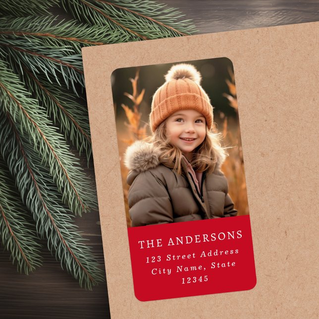 Anpassningsbar-familjens fotoelegant röd returadre adressetikett (Custom family photo elegant red return address label)