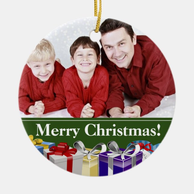 Anpassningsbar-familjens fotofärgade julpaket julgransprydnad keramik (Framsidan)