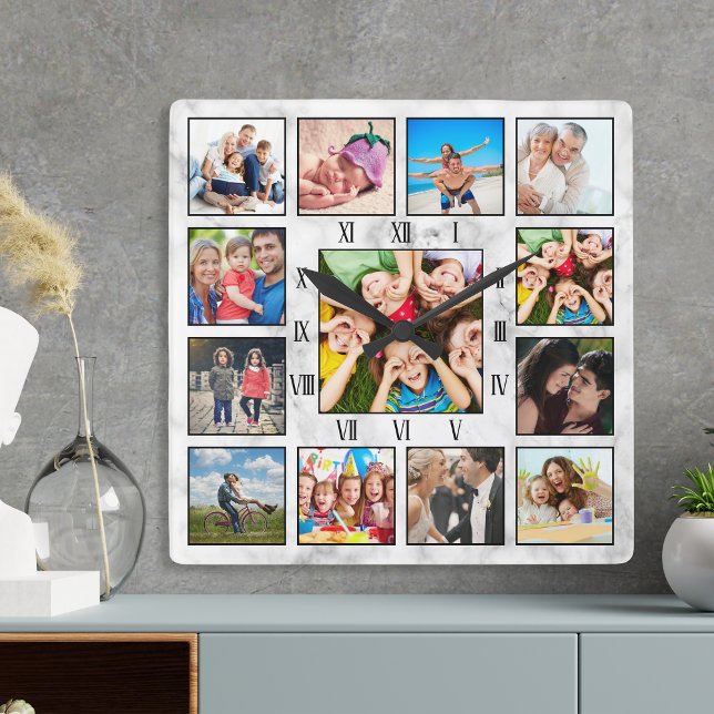 Anpassningsbar Family Baby Photo Elegant Marble Ke Fyrkantig Klocka (Skapare uppladdad)