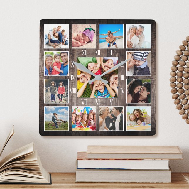 Anpassningsbar Family Baby Photo Rustic Farmhouse  Fyrkantig Klocka (Skapare uppladdad)