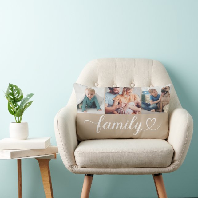 Anpassningsbar Family Beige Heart Script 3 Photo C Lumbarkudde (Stol)