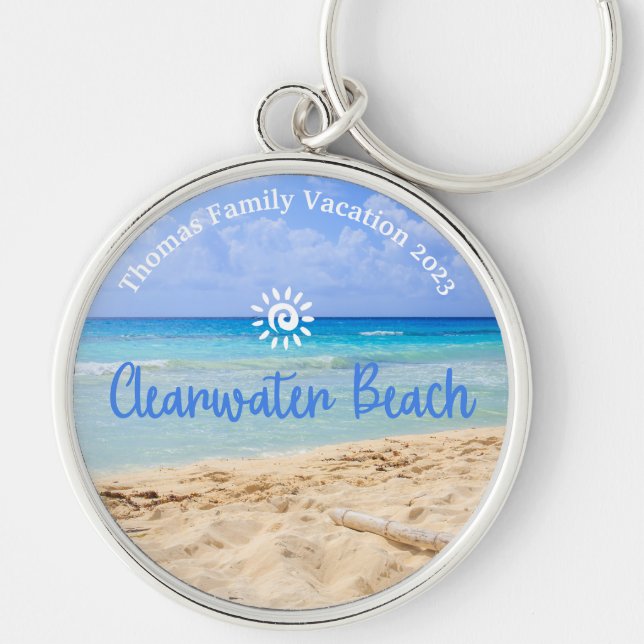 Anpassningsbar Family Clearwater Beach Vacation Rund Silverfärgad Nyckelring (Framsidan)