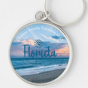 Anpassningsbar Family Florida Beach Vacation Rund Silverfärgad Nyckelring