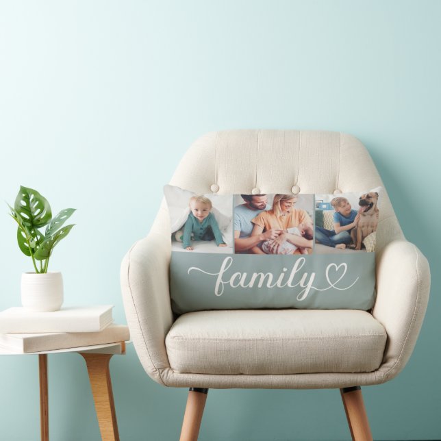 Anpassningsbar Family Mist Heart Script 3 Photo Co Lumbarkudde (Stol)