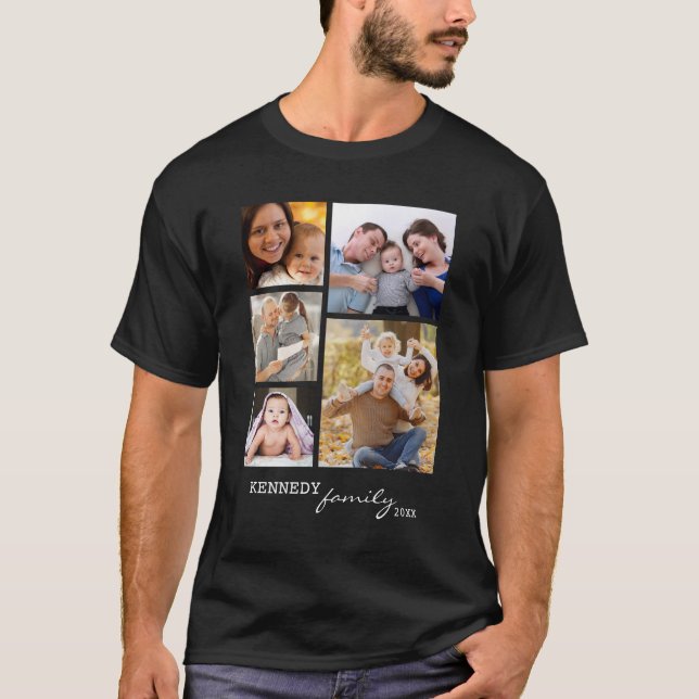Anpassningsbar Family Namn 5 Photo Collage Black T Shirt (Framsida)