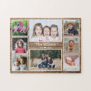 Anpassningsbar Family Namn 8 Photo Collage Rustic Pussel