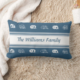 Anpassningsbar Family Namn Campers in Blue and Whi Lumbarkudde
