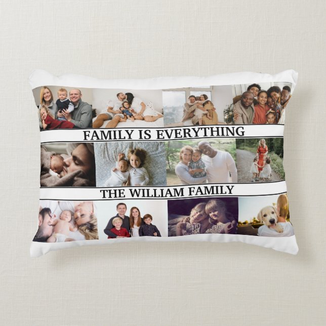 Anpassningsbar Family Namn, monogram och 12 fotoko Prydnadskudde (Framsidan)