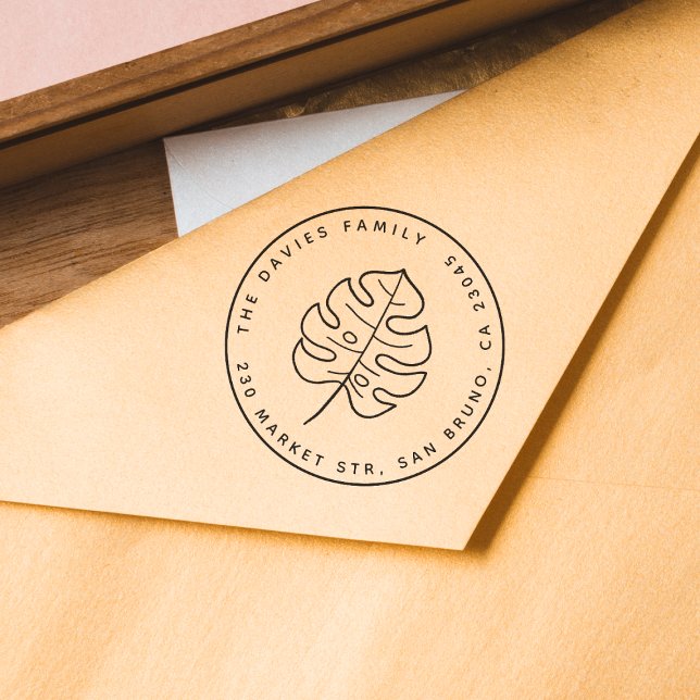 Anpassningsbar Family Namn & Monstera Löv Returadr Stämpel (Stamp Mock-up)
