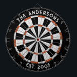 Anpassningsbar Family Namn Rustic Black White Dart Darttavla<br><div class="desc">Anpassa den här svarta,  vita och röda ritytan med din familj namn och fastställt datum. Designad av Blackberry Boulevard.</div>