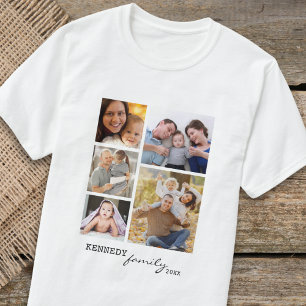 Anpassningsbar Family Namn Text 5 Photo Collage T Shirt