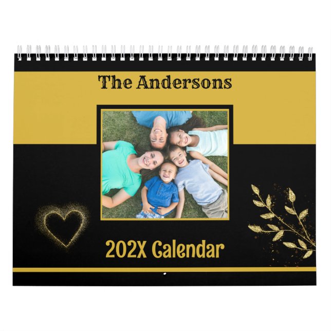 Anpassningsbar Family Photo Black och Guld Kalender (Omslag)