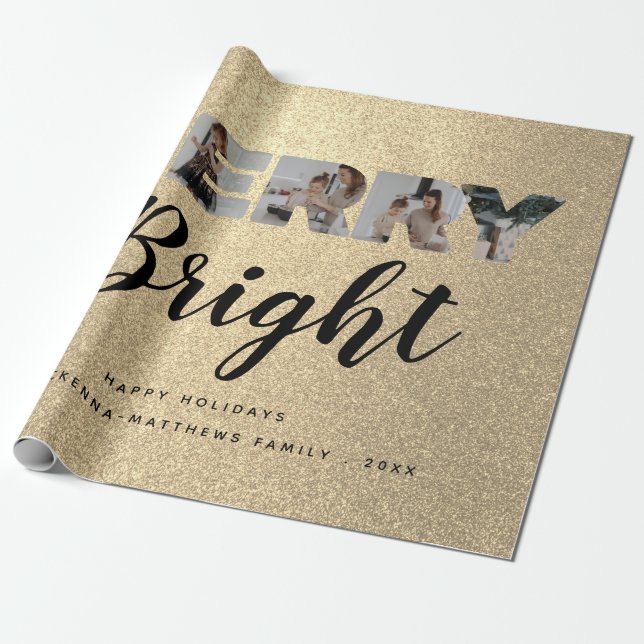 Anpassningsbar Family Photo Collage Guld Glitter j Presentpapper (Utrullad)