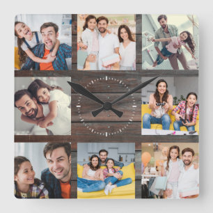 Anpassningsbar Family Photo Collage Modern Mörk W Fyrkantig Klocka