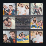 Anpassningsbar Family Photo Collage Modern Mörk Wo Fyrkantig Klocka<br><div class="desc">Anpassningsbar Family 8 - Photo Collage on a modern elegant mörk wood (print) bakgrund. Underbar personlig närvarande för Fars dag, Mors dag eller som present till mormoms och farfars för födelsedagar eller Helgdagar i familjen. Uppdatera med dina 8 favoritfoton och det här kommer att bli en viktig sak som de...</div>