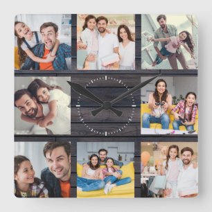 Anpassningsbar Family Photo Collage Modern Mörk Wo Fyrkantig Klocka