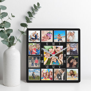 Anpassningsbar Family Photo Collage Personlig Blac Fyrkantig Klocka