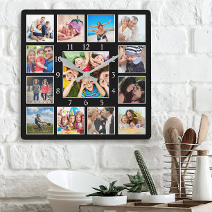 Anpassningsbar Family Photo Collage Personlig Blac Fyrkantig Klocka