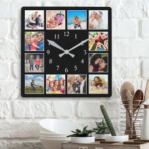 Anpassningsbar Family Photo Collage Personlig Blac Fyrkantig Klocka
