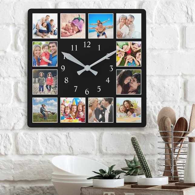 Anpassningsbar Family Photo Collage Personlig Blac Fyrkantig Klocka (Skapare uppladdad)
