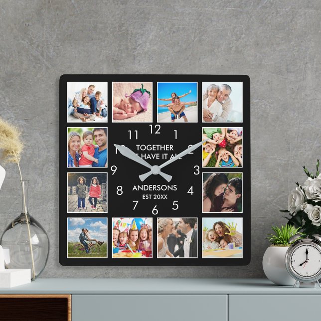 Anpassningsbar Family Photo Collage Personlig Blac Fyrkantig Klocka (Skapare uppladdad)