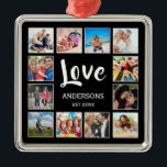 Anpassningsbar Family Photo Collage Personlig Blac Julgransprydnad Metall<br><div class="desc">Skapa din egen personlig 12 fotokollage,  julprydnad med anpassningsbar bilder på en enkel,  modern,  svart helgdag. Julens prydnadsföremål ansikte har också sin familj namn,  som är ett etablerat år och ett handskrivet manus "Kärlek". Lägg till dina favoritfoton,  symboler eller teckningar om du vill skapa något unikt verkligen.</div>