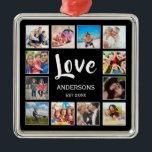 Anpassningsbar Family Photo Collage Personlig Blac Julgransprydnad Metall<br><div class="desc">Skapa din egen personlig 12 fotokollage,  julprydnad med anpassningsbar bilder på en enkel,  modern,  svart helgdag. Julens prydnadsföremål ansikte har också sin familj namn,  som är ett etablerat år och ett handskrivet manus "Kärlek". Lägg till dina favoritfoton,  symboler eller teckningar om du vill skapa något unikt verkligen.</div>