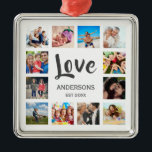 Anpassningsbar Family Photo Collage Personlig Whit Julgransprydnad Metall<br><div class="desc">Skapa din egen personlig 12-fotokollage,  julprydnad med anpassningsbar bilder på en enkel,  modern,  vit helgdag bakgrund. Julens prydnadsföremål ansikte har också sin familj namn,  som är ett etablerat år och ett handskrivet manus "Kärlek". Lägg till dina favoritfoton,  symboler eller teckningar om du vill skapa något unikt verkligen.</div>