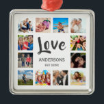 Anpassningsbar Family Photo Collage Personlig Whit Julgransprydnad Metall<br><div class="desc">Skapa din egen personlig 12-fotokollage,  julprydnad med anpassningsbar bilder på en enkel,  modern,  vit helgdag bakgrund. Julens prydnadsföremål ansikte har också sin familj namn,  som är ett etablerat år och ett handskrivet manus "Kärlek". Lägg till dina favoritfoton,  symboler eller teckningar om du vill skapa något unikt verkligen.</div>