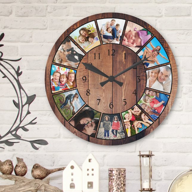 Anpassningsbar Family Photo Collage Reclaim Wood Rund Klocka (Skapare uppladdad)