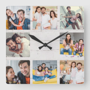 Anpassningsbar Family Photo Collage Rustic Modern  Fyrkantig Klocka