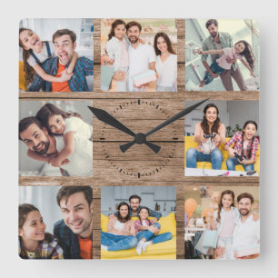 Anpassningsbar Family Photo Collage Rustic Modern  Fyrkantig Klocka
