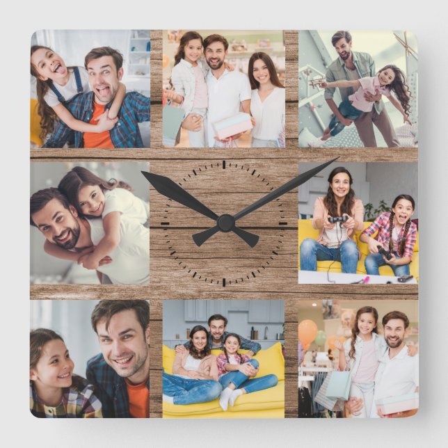 Anpassningsbar Family Photo Collage Rustic Modern  Fyrkantig Klocka (Framsida)