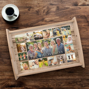 Anpassningsbar Family Photo Collage Rustic Wood Mo Frukostbricka