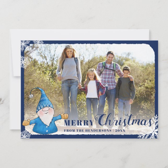 Anpassningsbar Family Photo Gnome Blue God jul Julkort (Framsida)