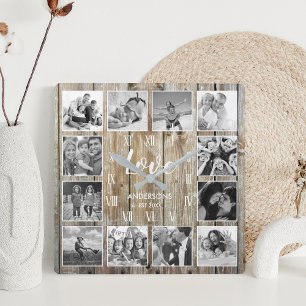 Anpassningsbar Family Photo Rustic Farmhouse Kärle Fyrkantig Klocka