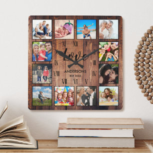 Anpassningsbar Family Photo Rustic Farmhouse Kärle Fyrkantig Klocka