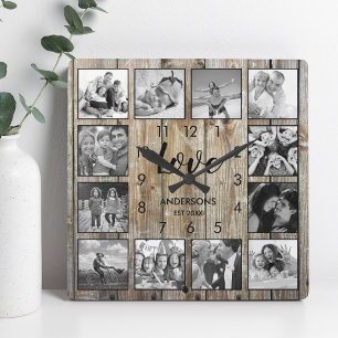 Anpassningsbar Family Photo Rustic Farmhouse Kärle Fyrkantig Klocka