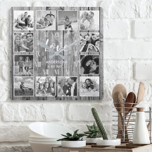 Anpassningsbar Family Photo Rustic Farmhouse Kärle Fyrkantig Klocka