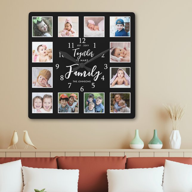 Anpassningsbar Family Quote 12 Photo Collage Black Fyrkantig Klocka (Skapare uppladdad)
