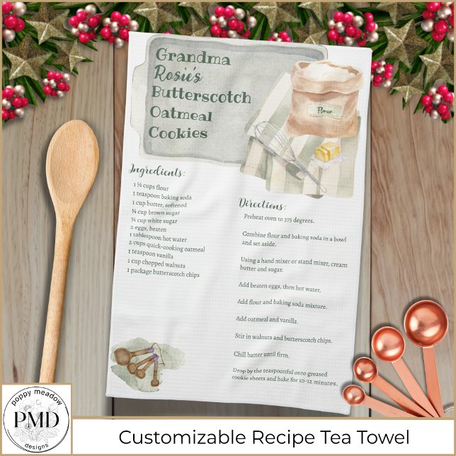 Anpassningsbar Family Recipe Keepsak Rustic Baking Kökshandduk (Custom Cookie Towel with her name, title, and favorite recipe. Great gift from Grandma or Mom!)