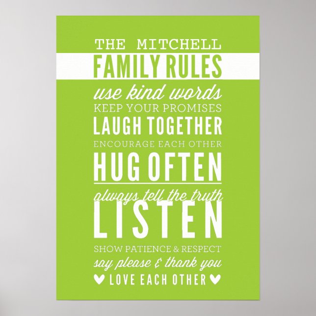 ANPASSNINGSBAR FAMILY REGLER modern typografi lime Poster (Framsidan)
