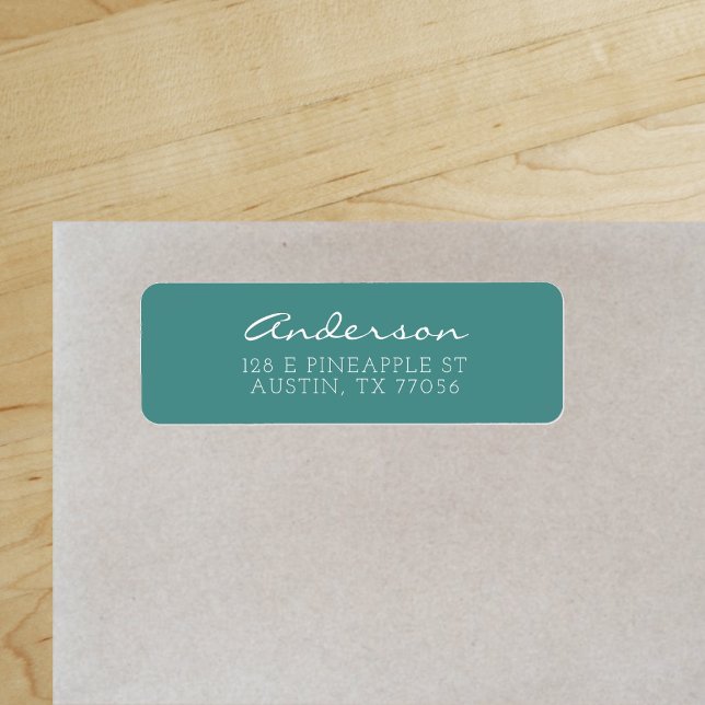 Anpassningsbar Family Script | Teal | RETURADRESS Etikett ("Everyday is abundantly beautiful." 
Sincerely Best Wishes from Lucky Design World)