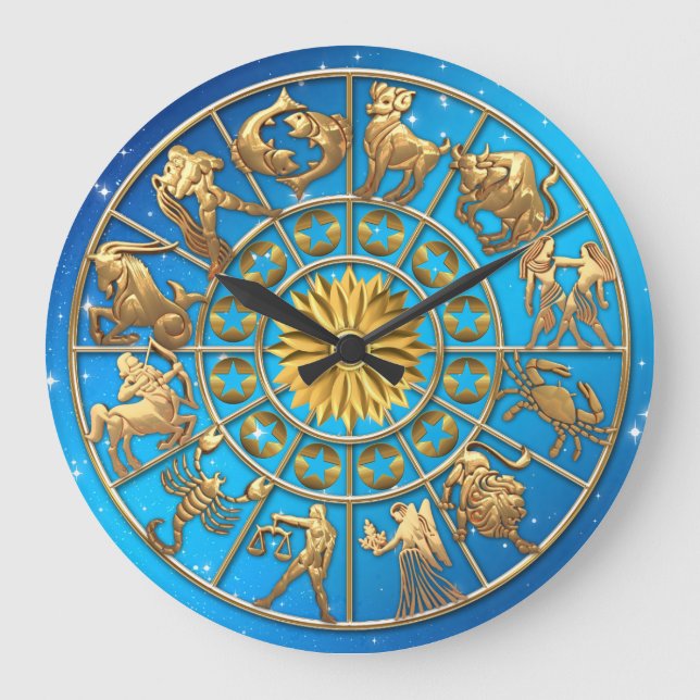 Anpassningsbar Family Zodiac Sign Guld Stars Sol A Stor Klocka (Framsida)