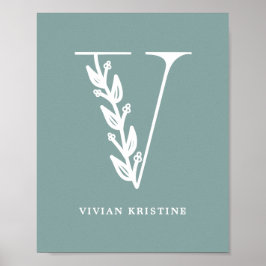 Anpassningsbar Färg Blommigt Monogram Brev V Namn Poster
