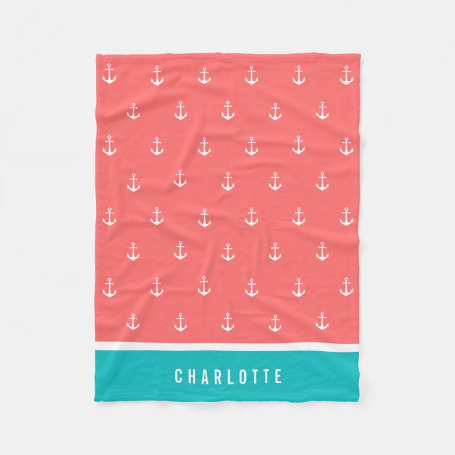 Anpassningsbar Färg Lägg till Namn Nautical Anchor Fleecefilt (Framsidan)