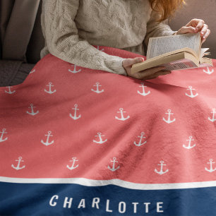 Anpassningsbar Färg Lägg till Namn Nautical Anchor Fleecefilt