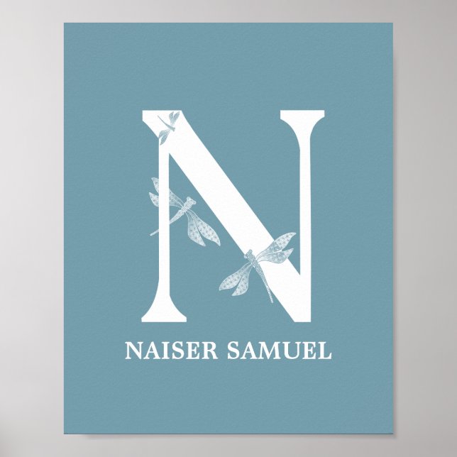 Anpassningsbar Färg Monogram Brev N Dragonfly-flic Poster (Framsidan)