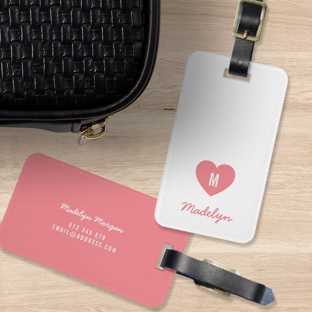 Anpassningsbar Färg Monogram Heart Modern Script Bagagebricka (Skapare uppladdad)
