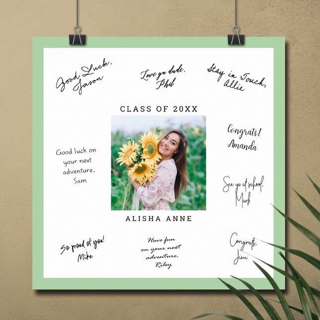 ANPASSNINGSBAR FÄRG Photo Studenten Namnteckning m Poster (Graduation autograph photo poster with light green border, INSTANT DOWNLOAD and/or PRINTED)